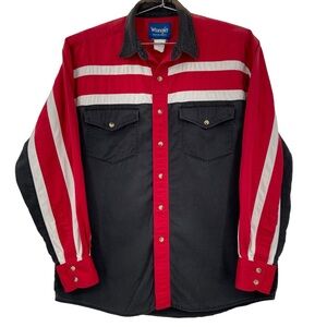 VTG Wrangler Western Long Sleeve‎ Pearl Snap Shirt Black Red NO SIZE TAG